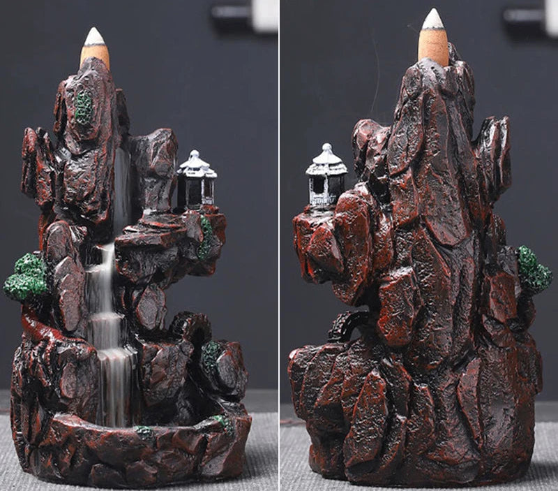 Multi estilo montanhas rio cachoeira queimador de incenso fonte backflow aroma fumaça incensário titular casa com 10 pçs cones incenso