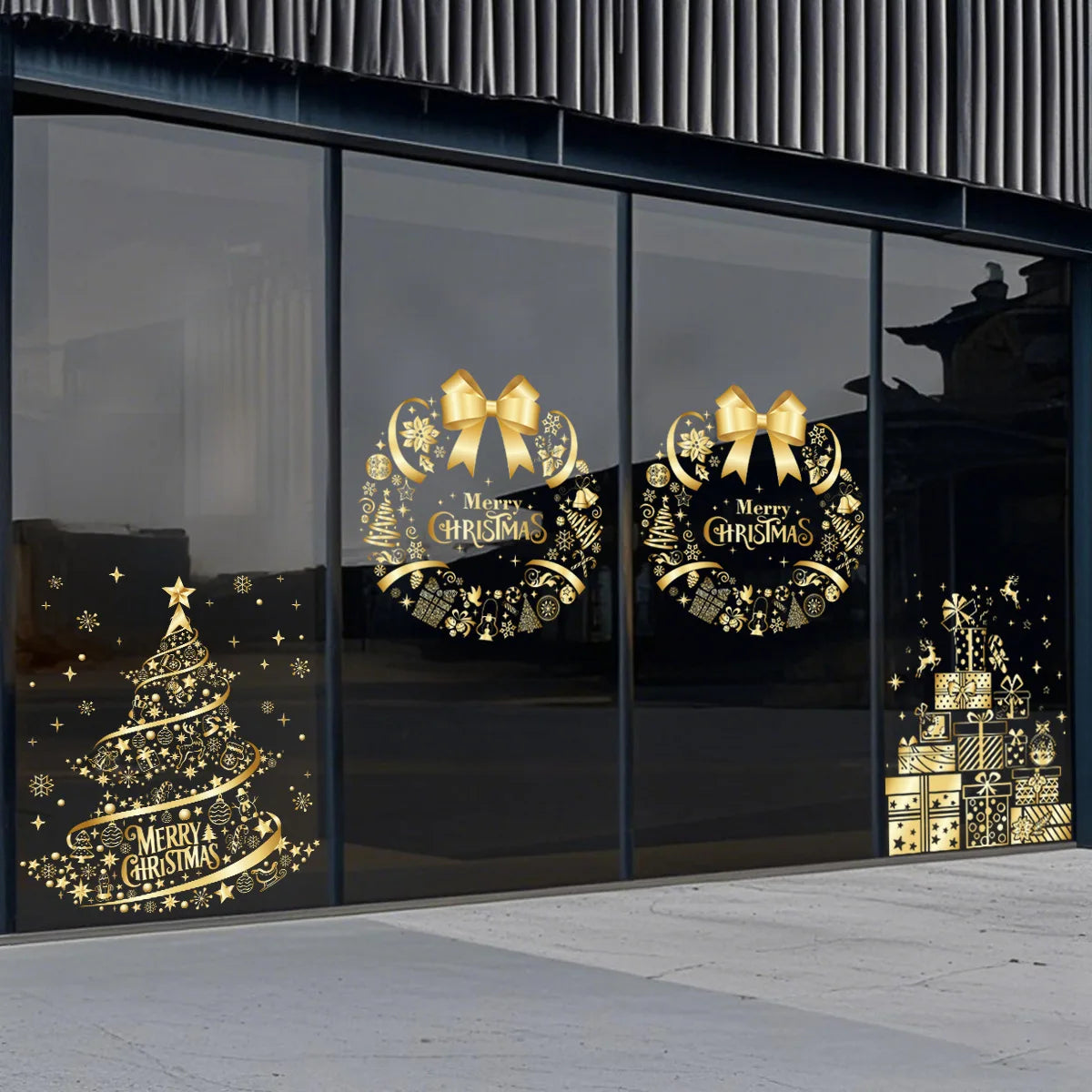 Adesivo de natal ouro pvc dupla face impresso adesivo de janela estática família vidro decorativo atmosfera de natal adesivo