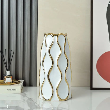 Vaso cerâmico galvanizado, ornamentos de flores douradas, arranjo de flores secas, decoração moderna da sala de estar, preto e branco
