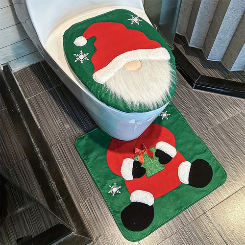 Conjunto de capa de assento de vaso sanitário de Papai Noel, 2 peças, decoração de banheiro de Natal, capa de assento de vaso sanitário e tapete para Natal