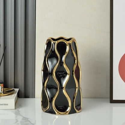 Vaso cerâmico galvanizado, ornamentos de flores douradas, arranjo de flores secas, decoração moderna da sala de estar, preto e branco
