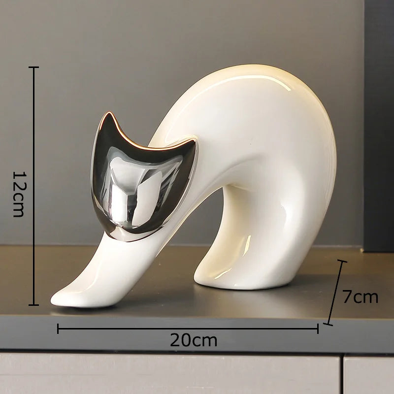 Arte abstrata cerâmica gatinho estátua branco animal ornamentos mesa decoração porcelana gato escultura sala estética decoração