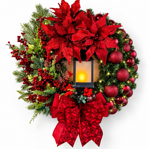 Guirlanda de Natal vermelha com LED, flores, bolas decorativas, lanterna central e laço, sobre fundo claro